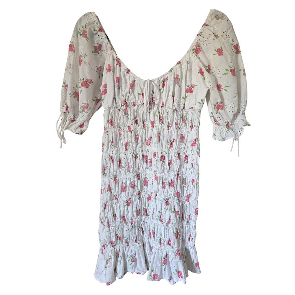 Beige Botany Womens M Mini Dress Milkmaid White Floral Eyelet Smocked Feminine